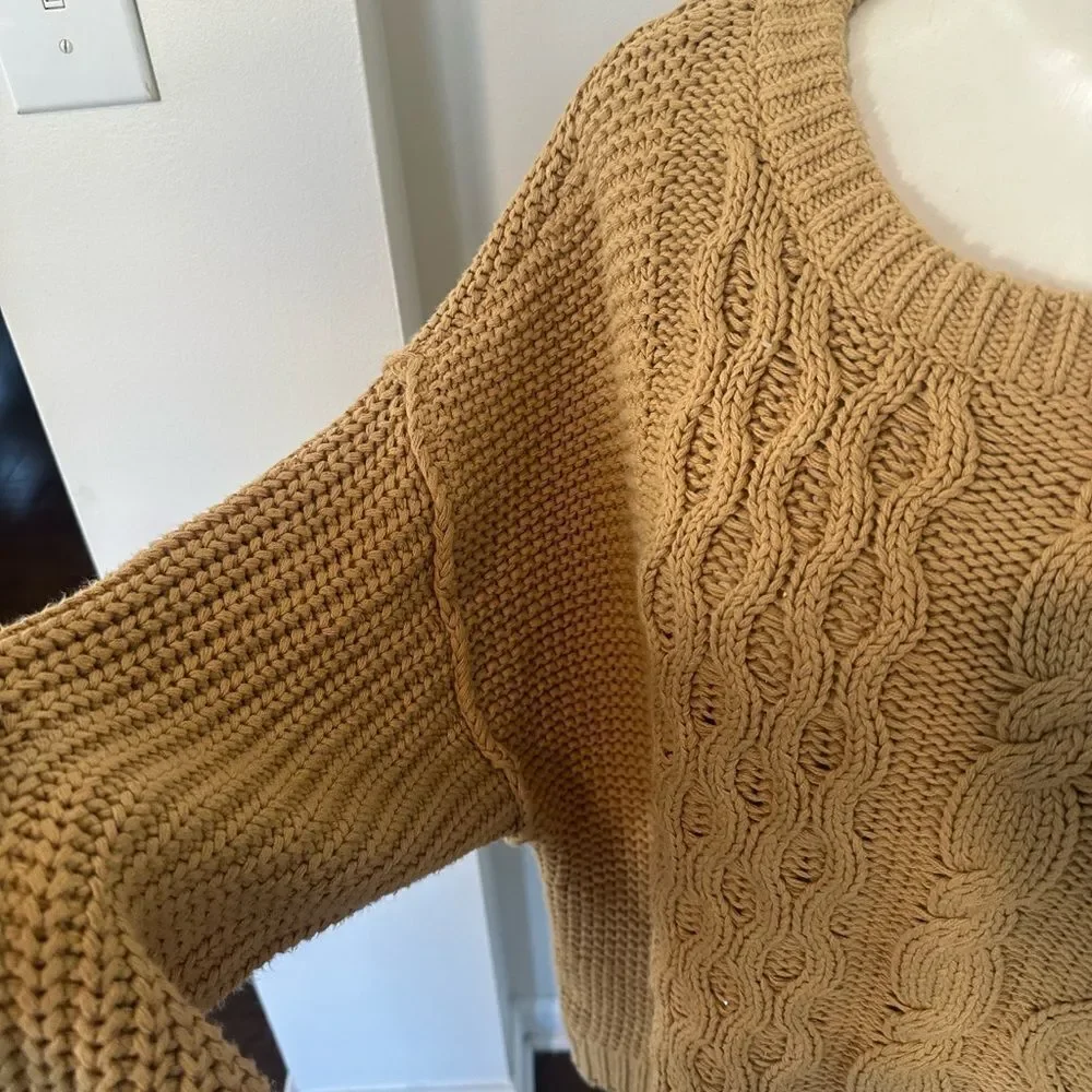 Free People Dream Cable Tan Crewneck Sweater L